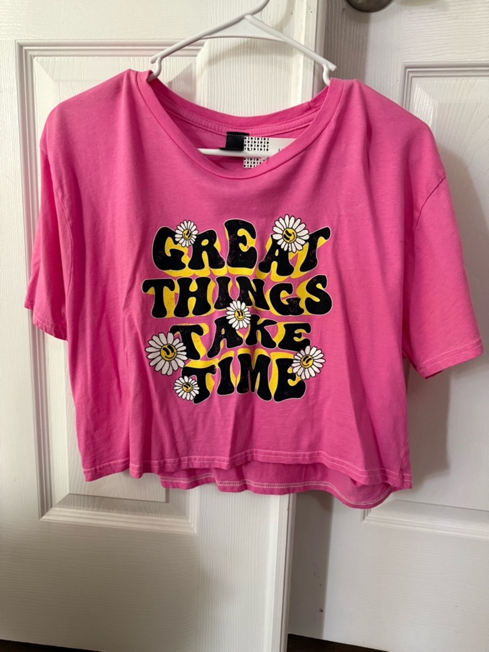 Pink Graphic Crop Tee "Great Things Take Time"